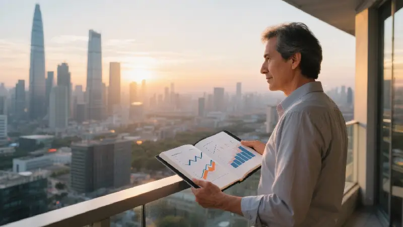 Hombre de negocios planificando su retiro con vista a la ciudad.