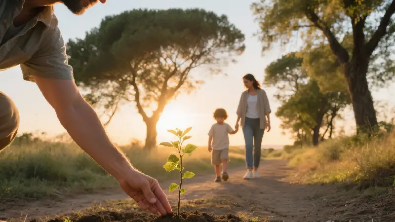 Familia plantando un árbol como símbolo de su herencia y futuro.