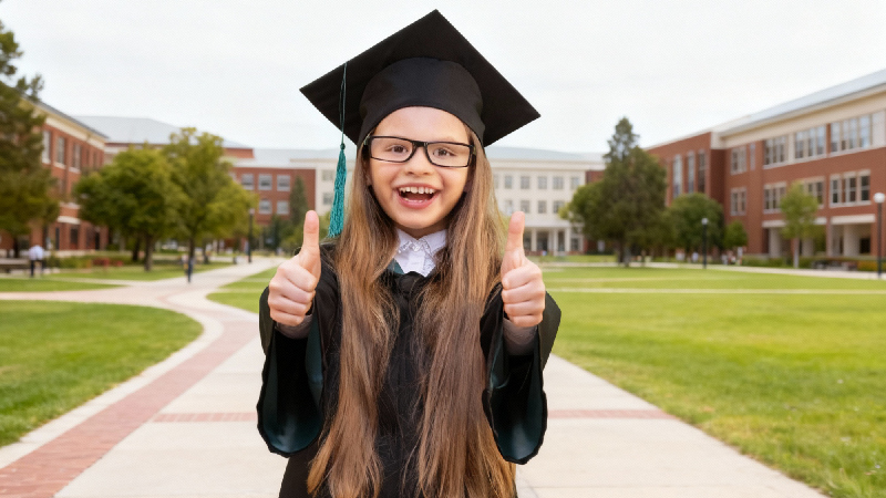 Niña graduada frente a universidad, señalando el éxito de la planificación con Seguros Educacionales en México.