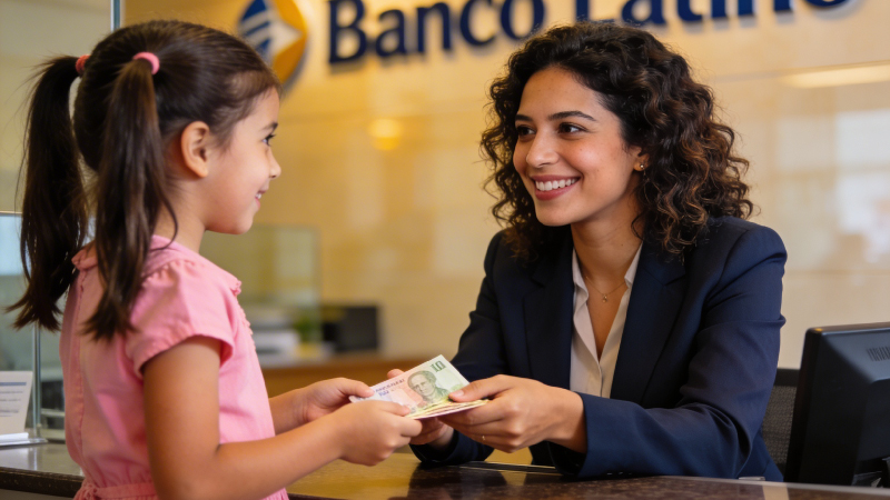 Niña depositando dinero para su seguro de ahorro.